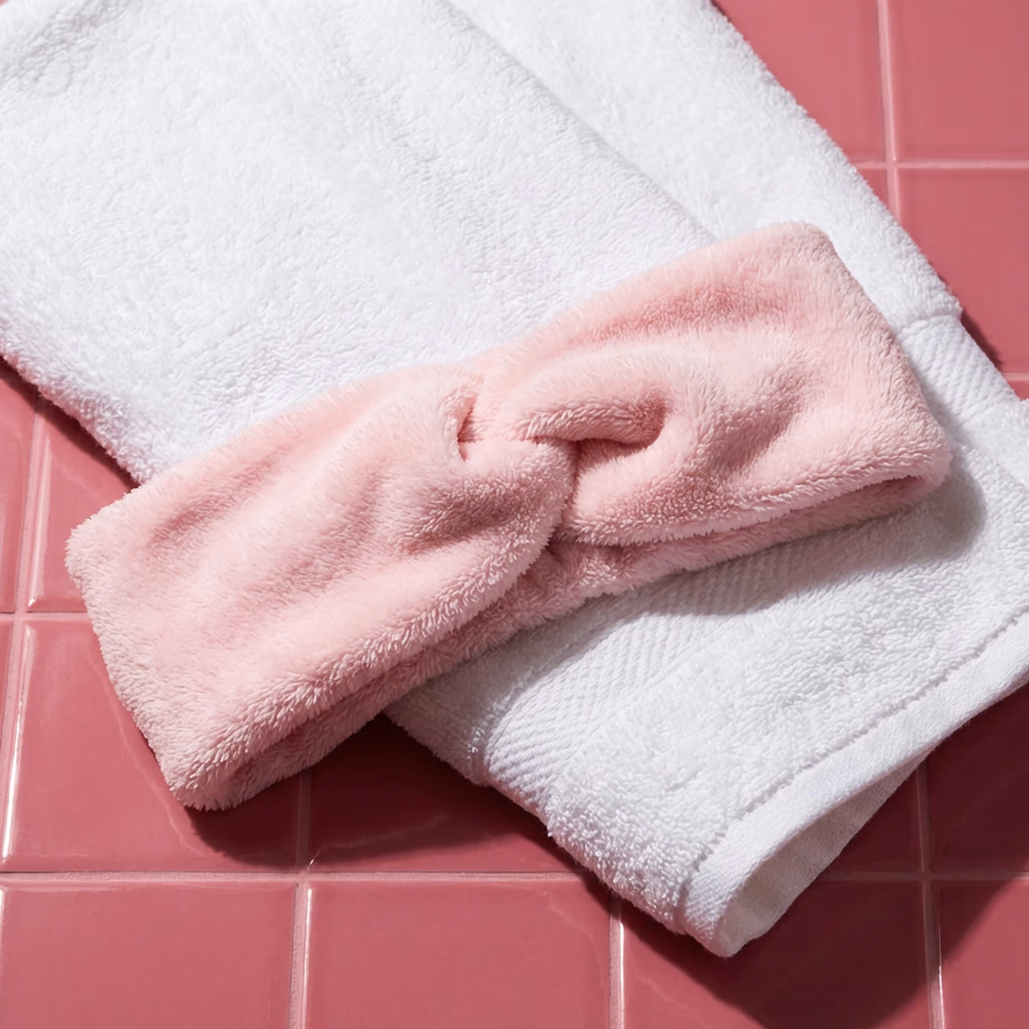 Soft pink spa headband placed on a white towel over pink tile background.