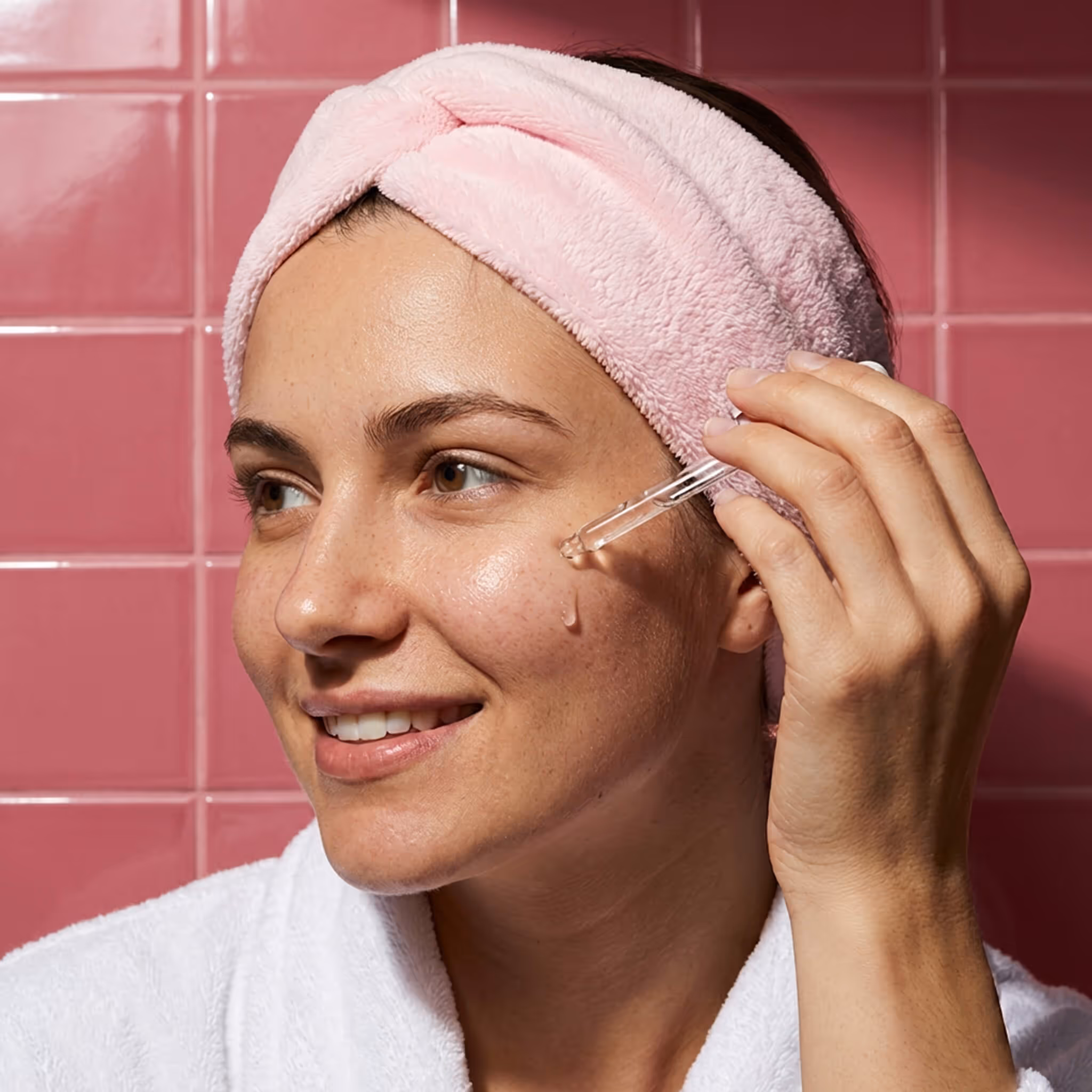 Woman wearing pink spa headband applying facial serum in a pink bathroom setting.