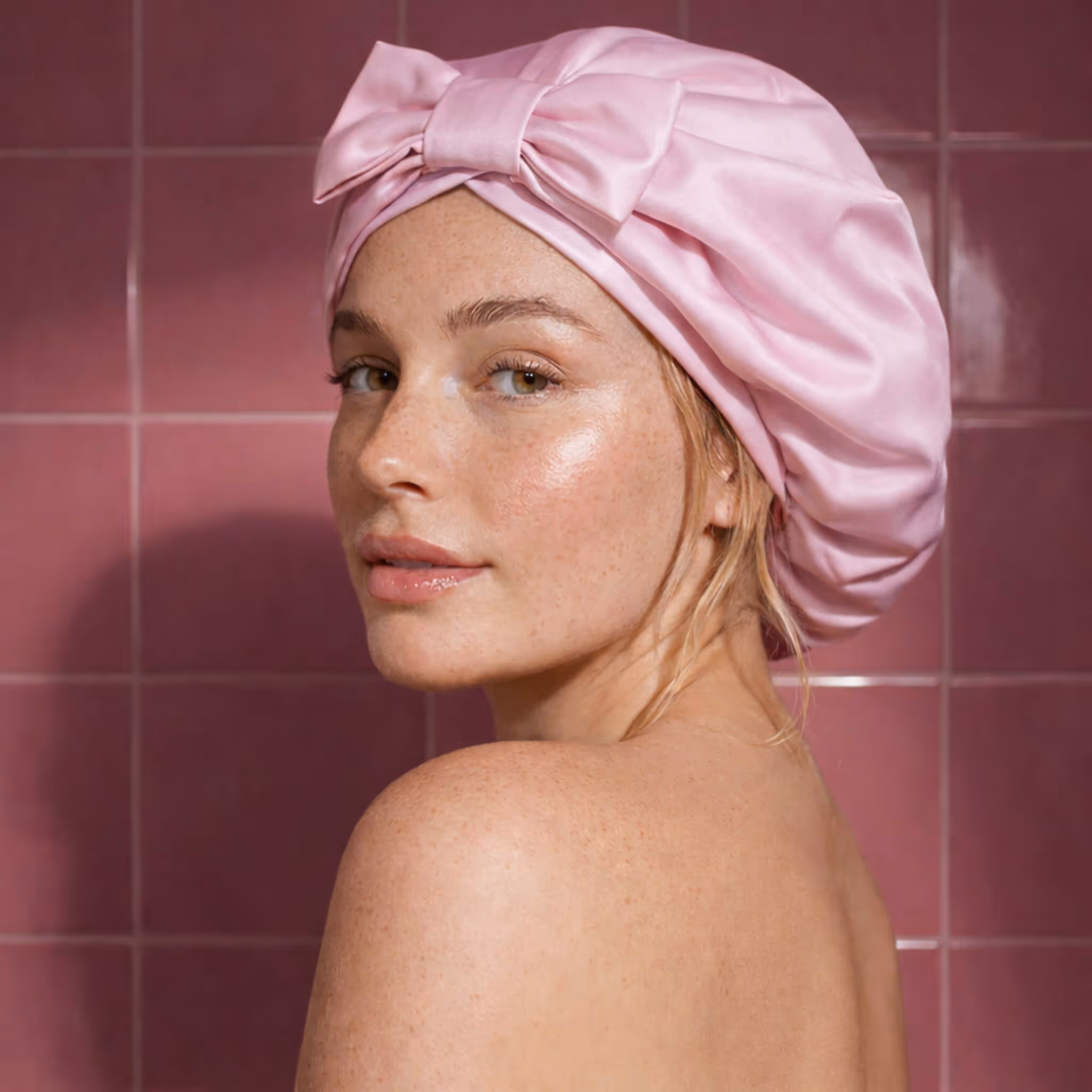 Woman wearing pink satin After Spa Shower Cap with bow in bathroom against pink tile wall.