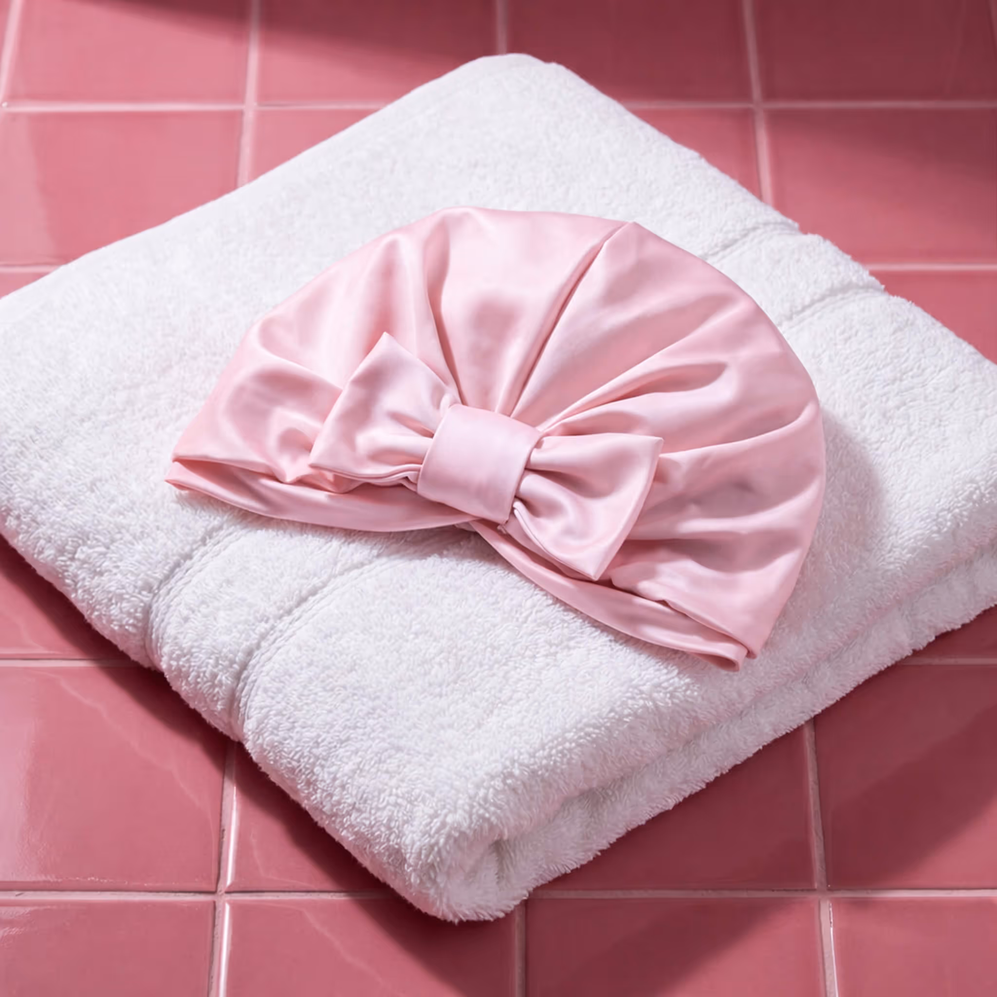 Pink satin shower cap with bow placed on folded white towel over pink tiled bathroom surface.