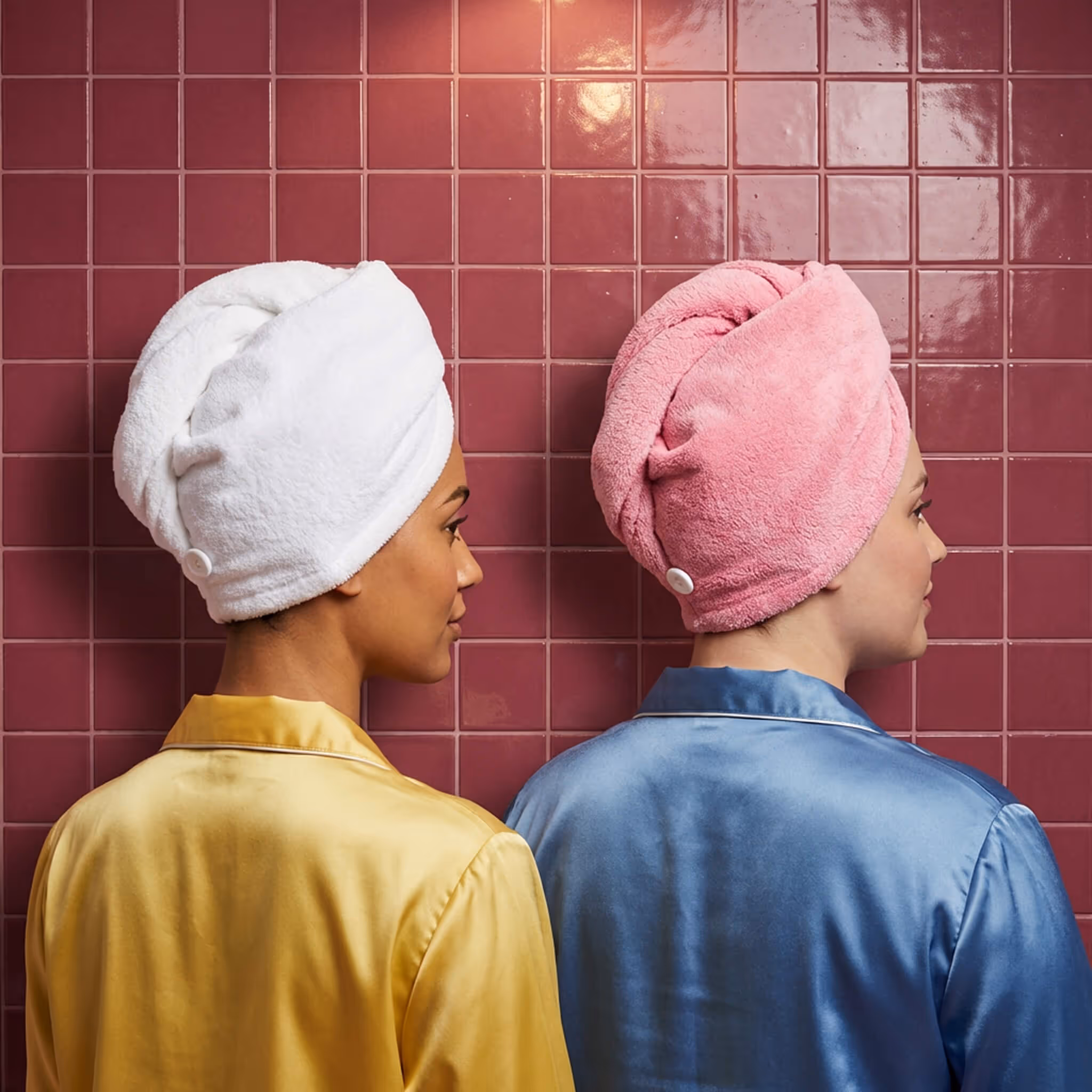 Two women wearing hair towel wraps in white and pink standing in front of pink tile wall.