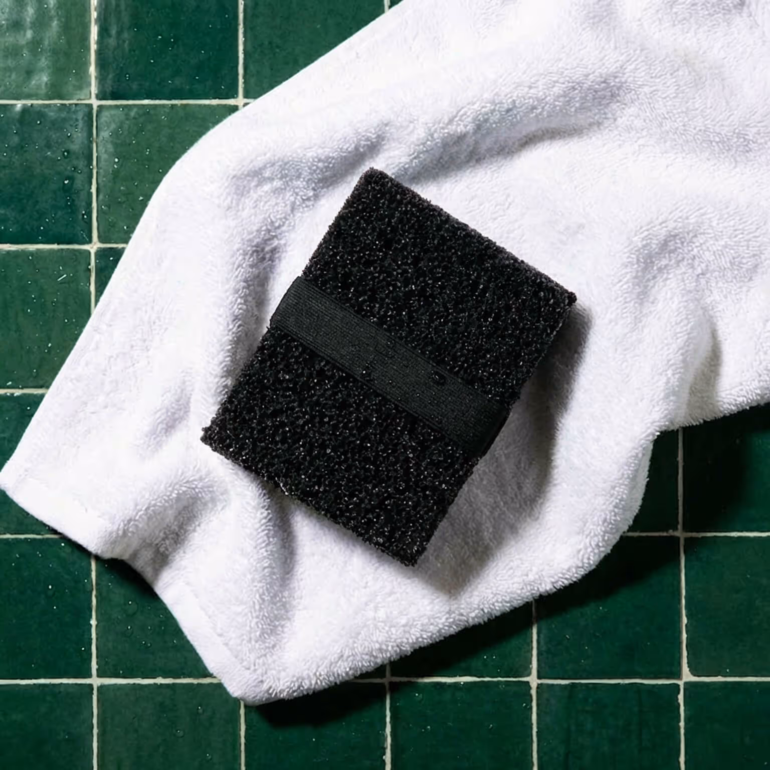 Black exfoliating body scrubber with hand strap placed on white towel over green tile floor
