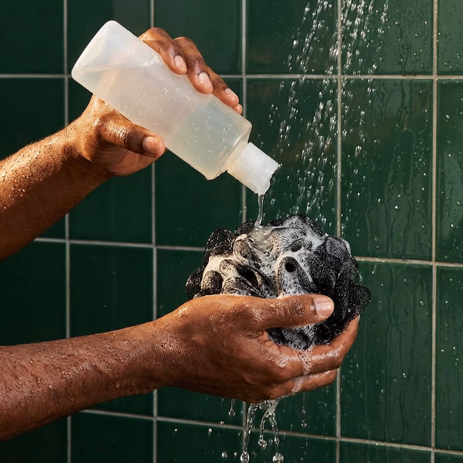 Hands applying body wash onto black mesh bath sponge under running shower water