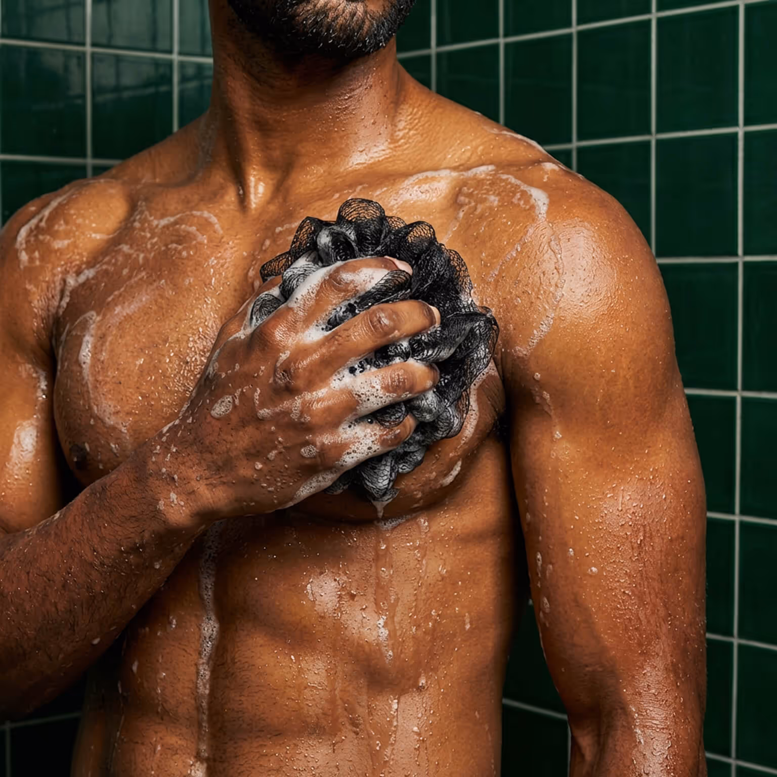 Man using black mesh bath sponge with rich foam on chest in shower with green tile background
