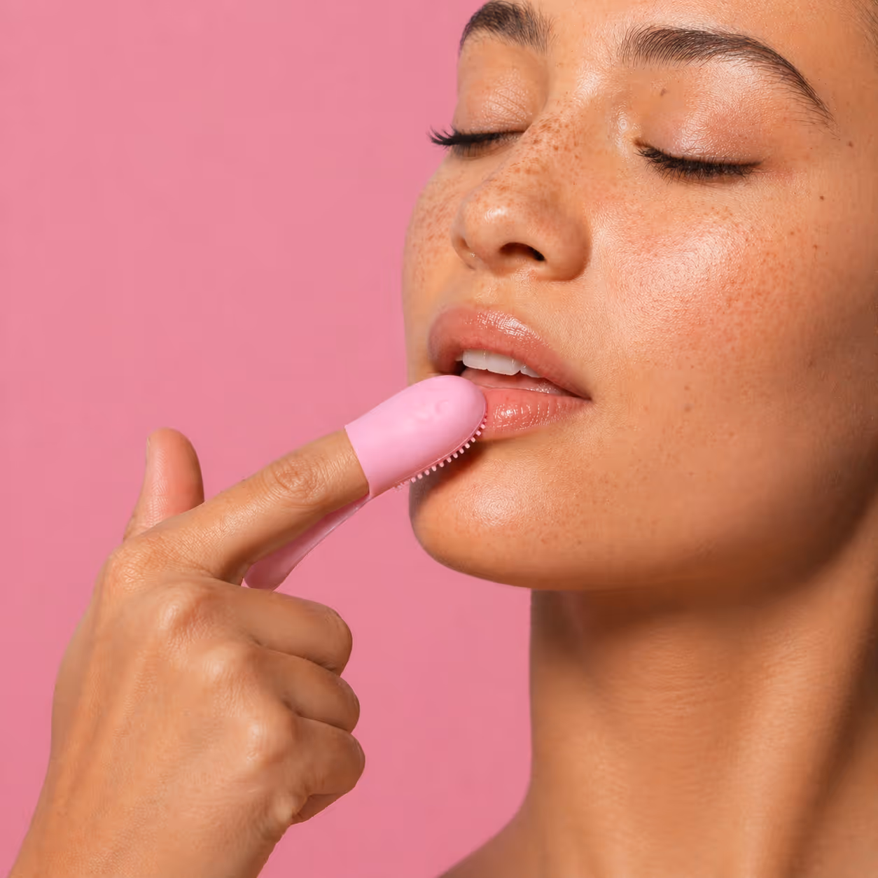 Pink silicone lip scrubber tool applied to lower lip in close-up, freckled skin, soft pink background