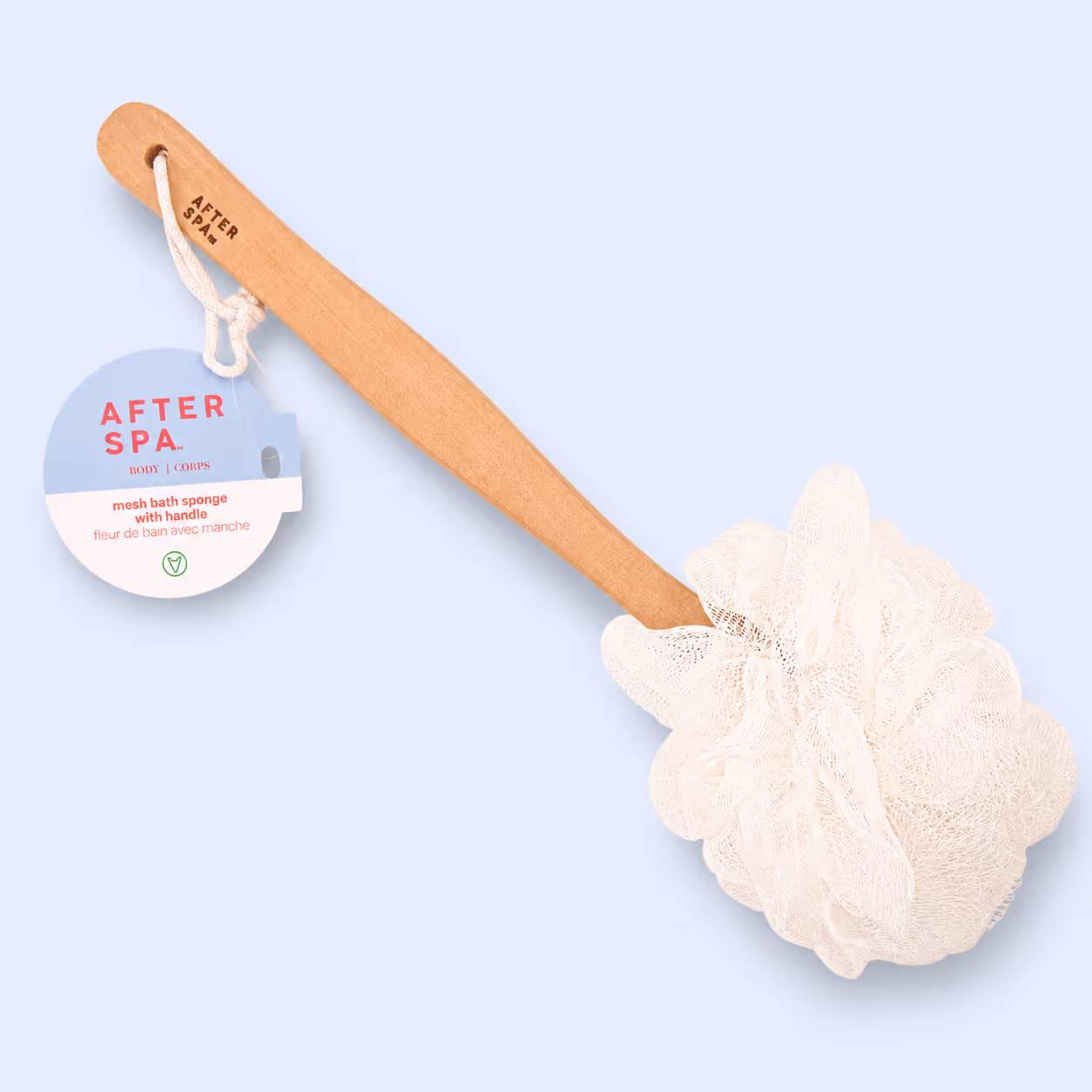 After Spa Mesh Bath Sponge With Handle featuring wooden handle and white mesh sponge on light blue background.
