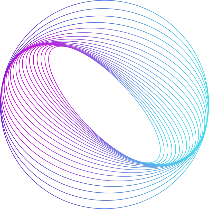 Abstract circular shape made of concentric curved lines with gradient colors transitioning from purple to blue on a black background.