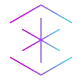 Abstract geometric icon with interconnected purple and blue lines forming a three-dimensional shape.