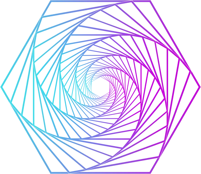 Abstract geometric spiral made of overlapping squares transitioning from blue to purple on transparent background.