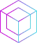 Abstract geometric cube outline with purple, pink, and blue gradient lines on a black background.