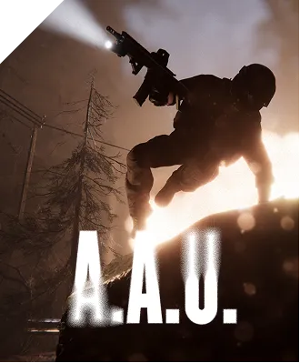 Silhouetted soldier jumping with a rifle and flashlight in a dark outdoor setting with trees and fog, text A.A.U.