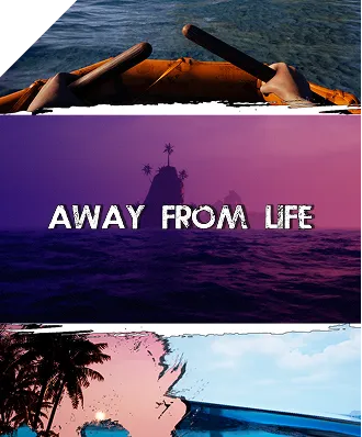 Collage with a person rowing a boat on water, a silhouette of a small island with palm trees, and the text 'AWAY FROM LIFE' overlaid on a purple ocean background.