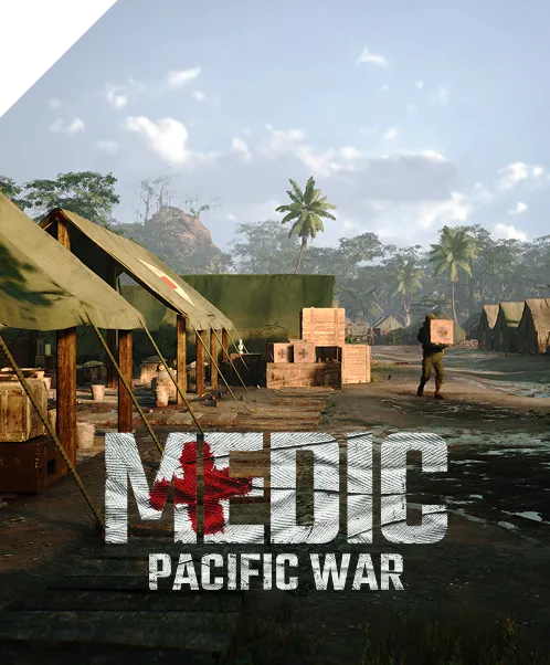 Military camp in a tropical setting with tents, crates, a soldier walking, and text 'MEDIC PACIFIC WAR' in the foreground.