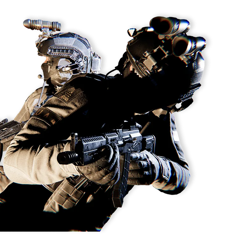 Two tactical soldiers in combat gear aiming rifles, wearing helmets with night vision goggles.