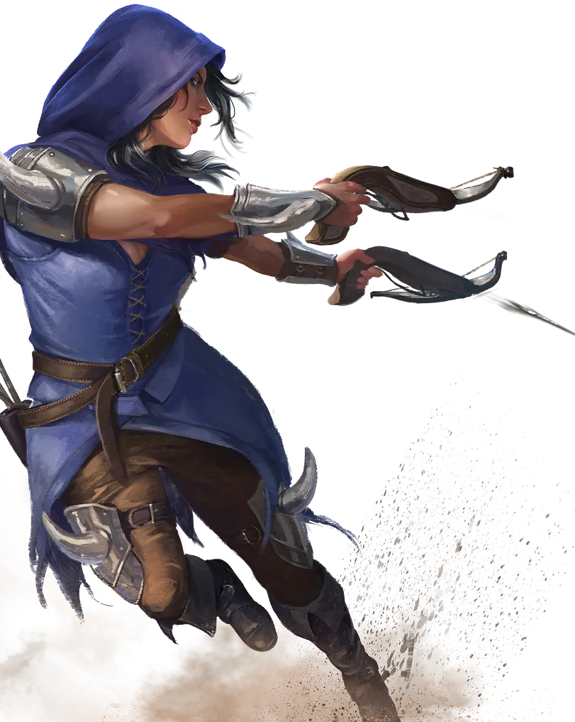 Female warrior in a blue hooded outfit wielding two crossbows, leaping forward with dust kicking up behind her.