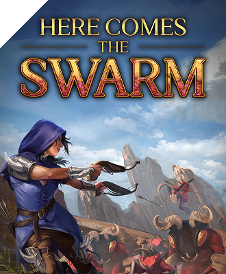 Illustration of a cloaked archer shooting arrows at charging horned creatures with the text 'Here Comes The Swarm' at the top.