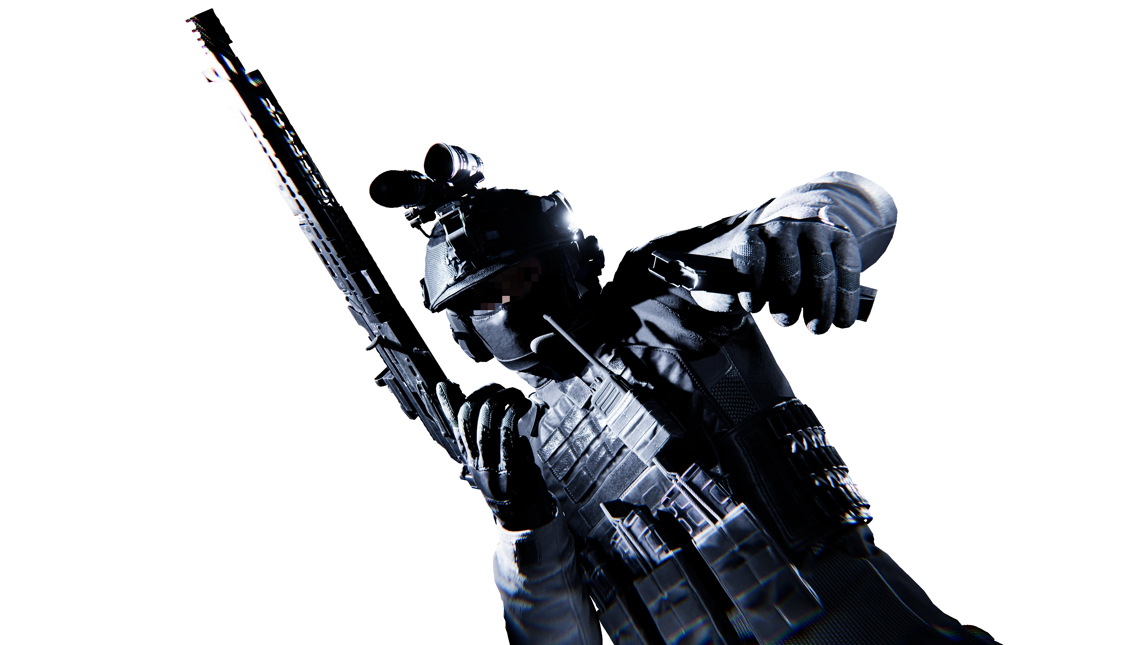 Tactical soldier in full gear holding a rifle and a pistol against a black background.