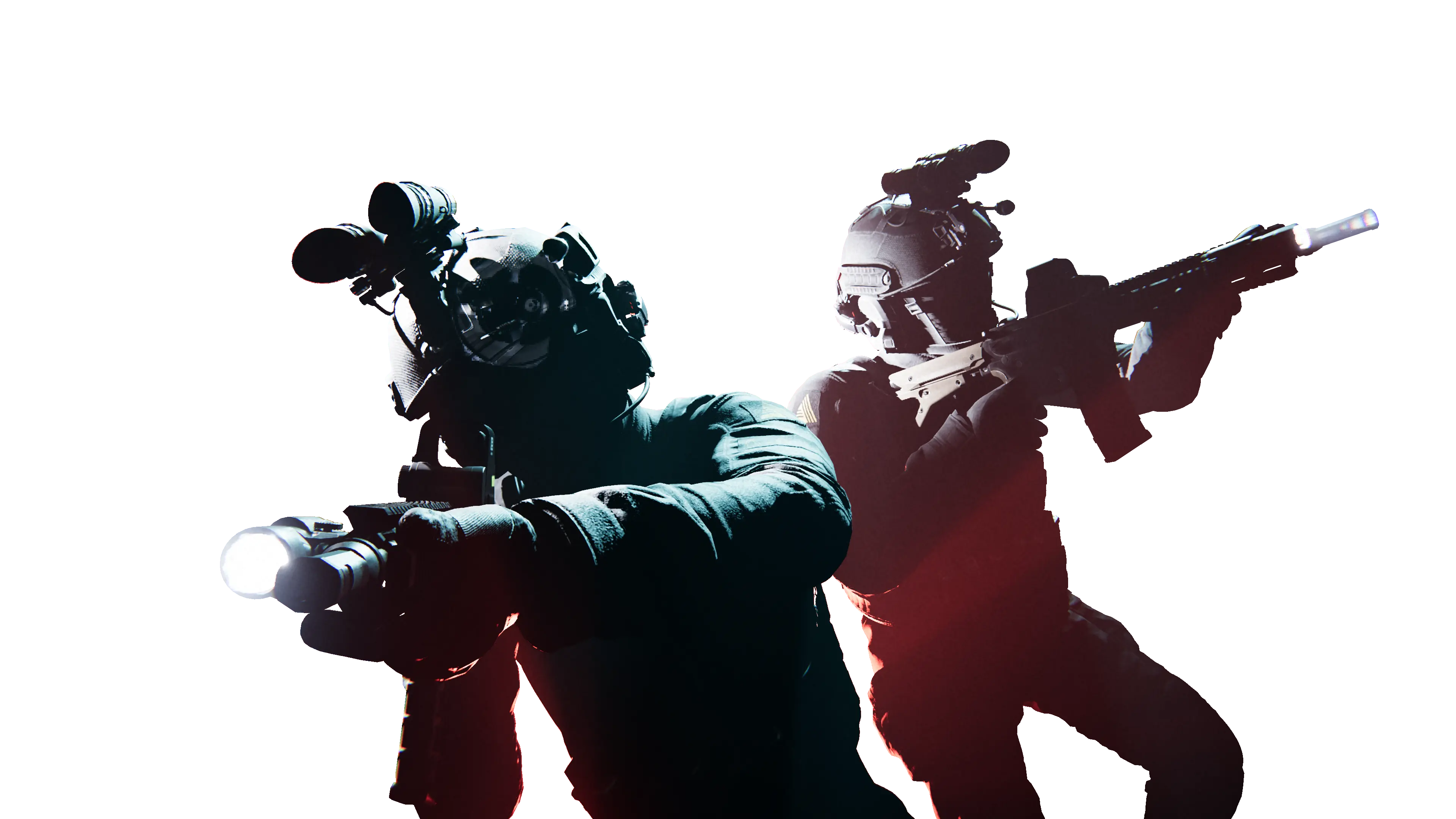 Two tactical soldiers aiming rifles with flashlights in a dark red and blue gradient background.