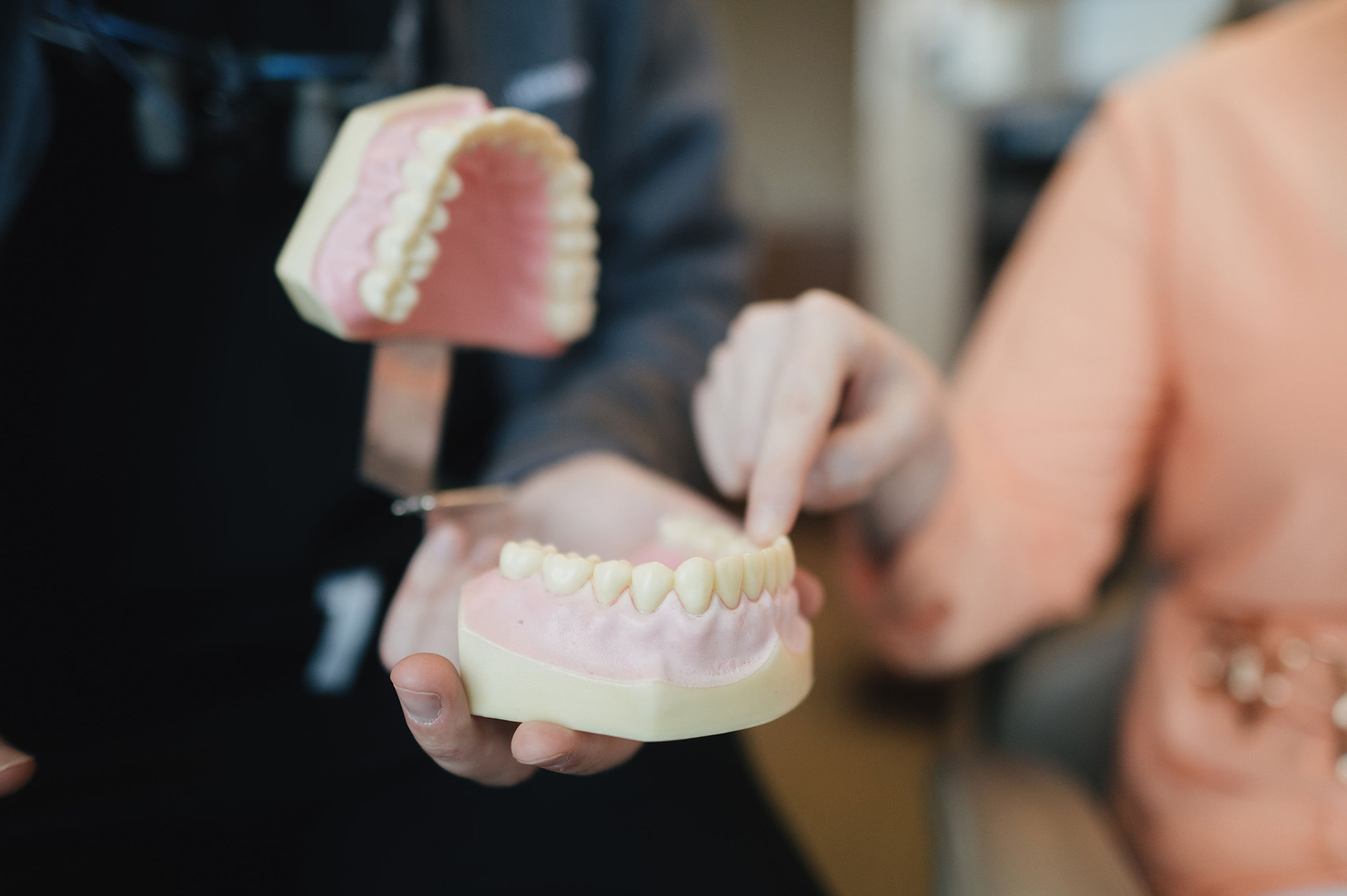 Person pointing at lower dental model held by another person during dental consultation.