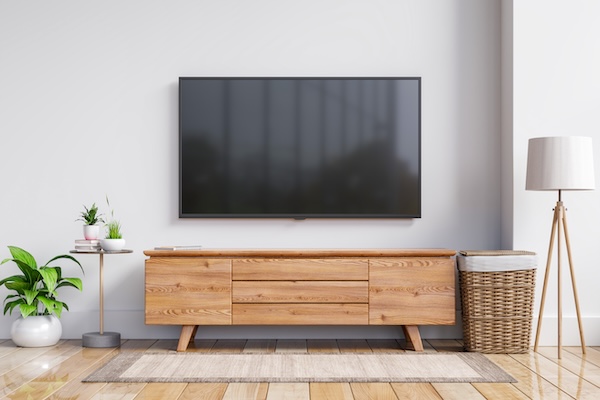 Modern living room with a flat-screen TV on the wall, wooden TV cabinet, plants, and a floor lamp.