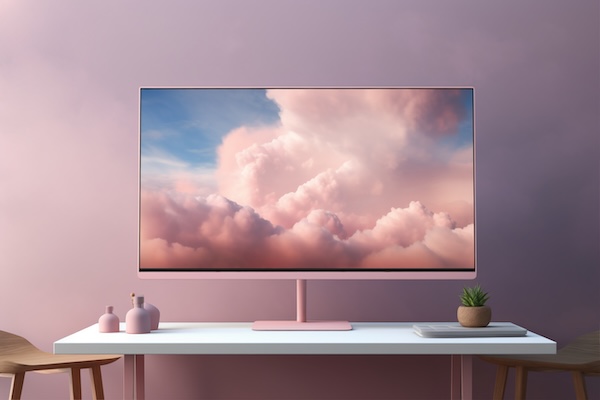 Modern pink computer monitor on white desk with cloud wallpaper and decorative items on each side.