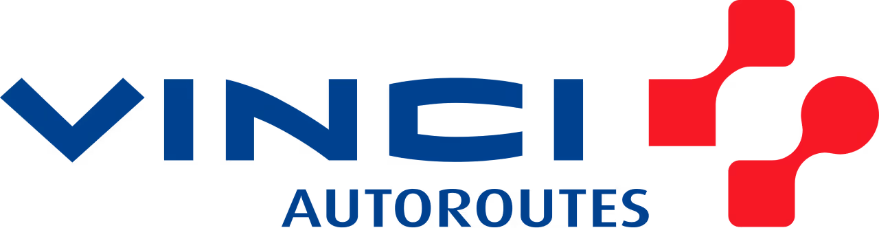 Vinci Autoroutes logo with stylized red connected squares on the right.