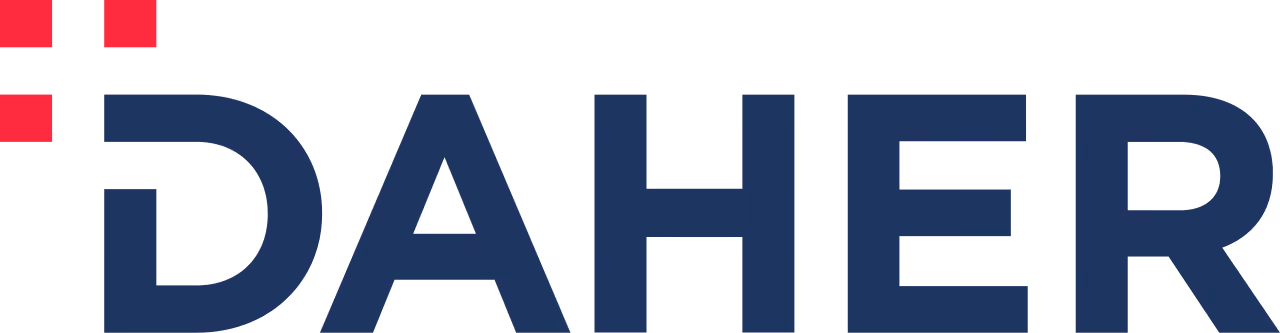 DAHER company logo in navy blue with three red squares above the D.