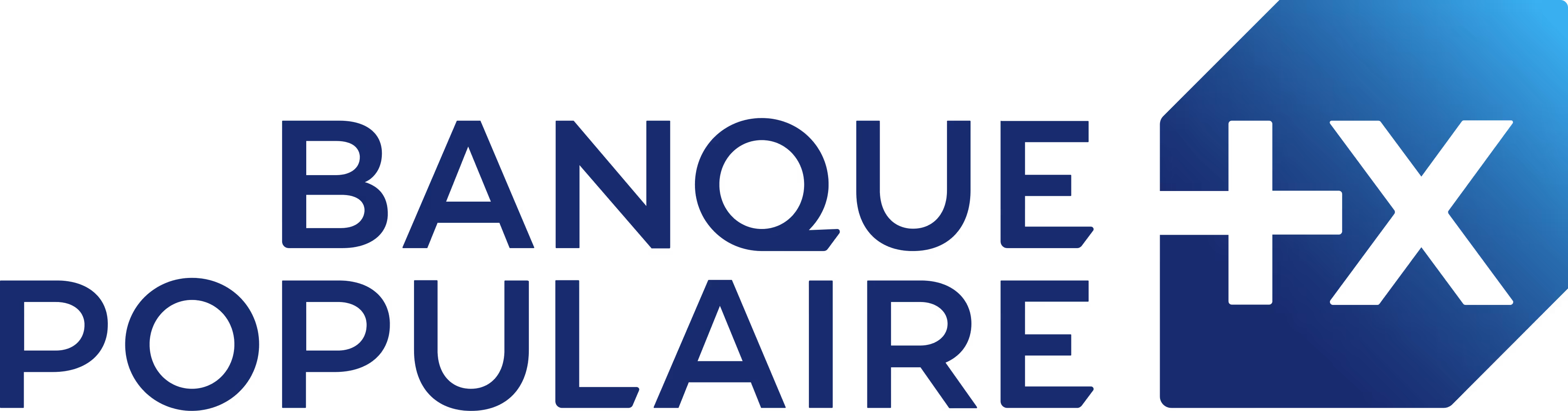 Banque Populaire FX logo with dark blue text and a blue arrow-shaped design containing a plus sign and an X.