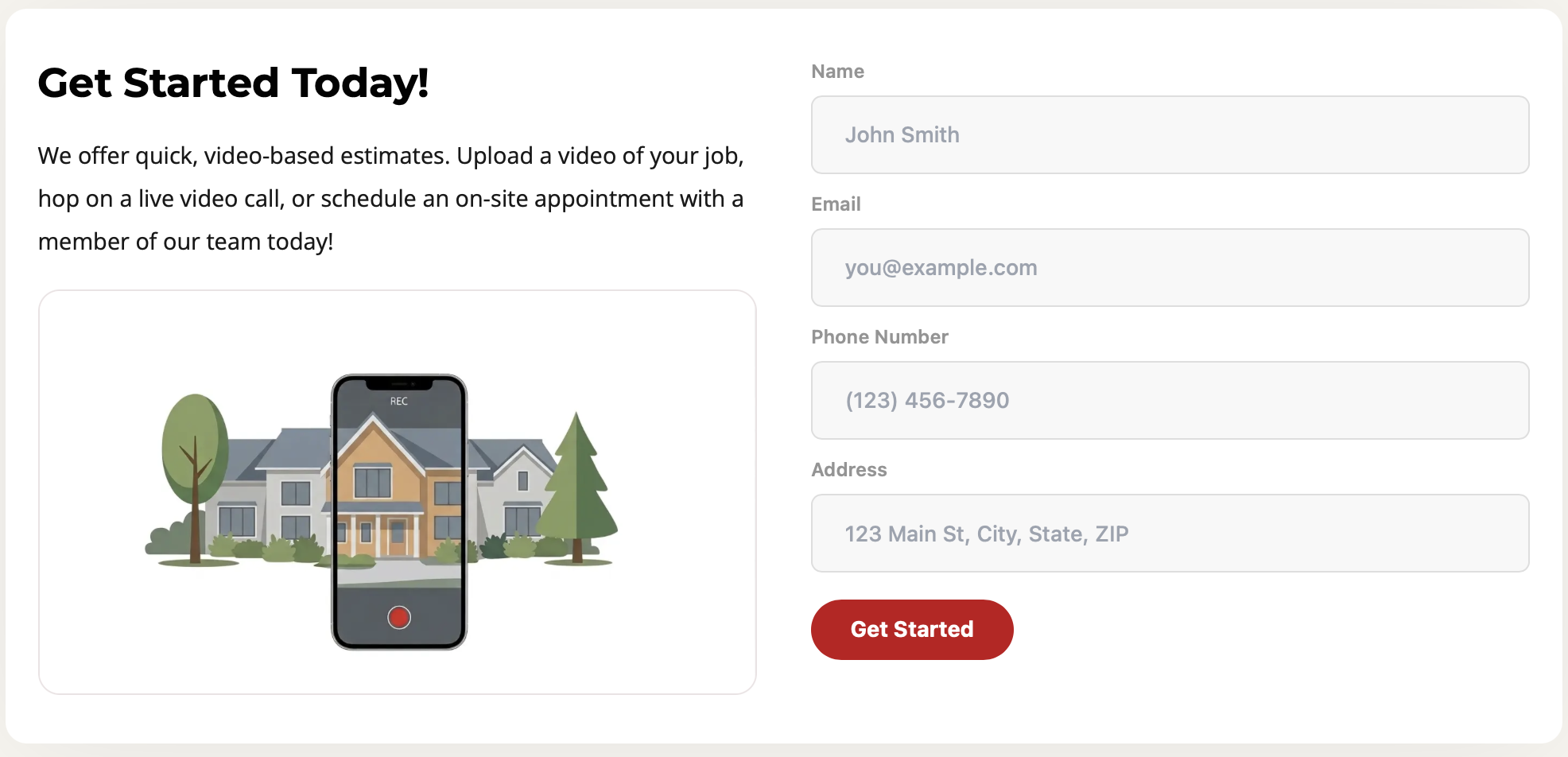 Form asking for additional job details with an upload button labeled 'Upload Job Video', a text box for job description, and a red 'Submit Video' button.
