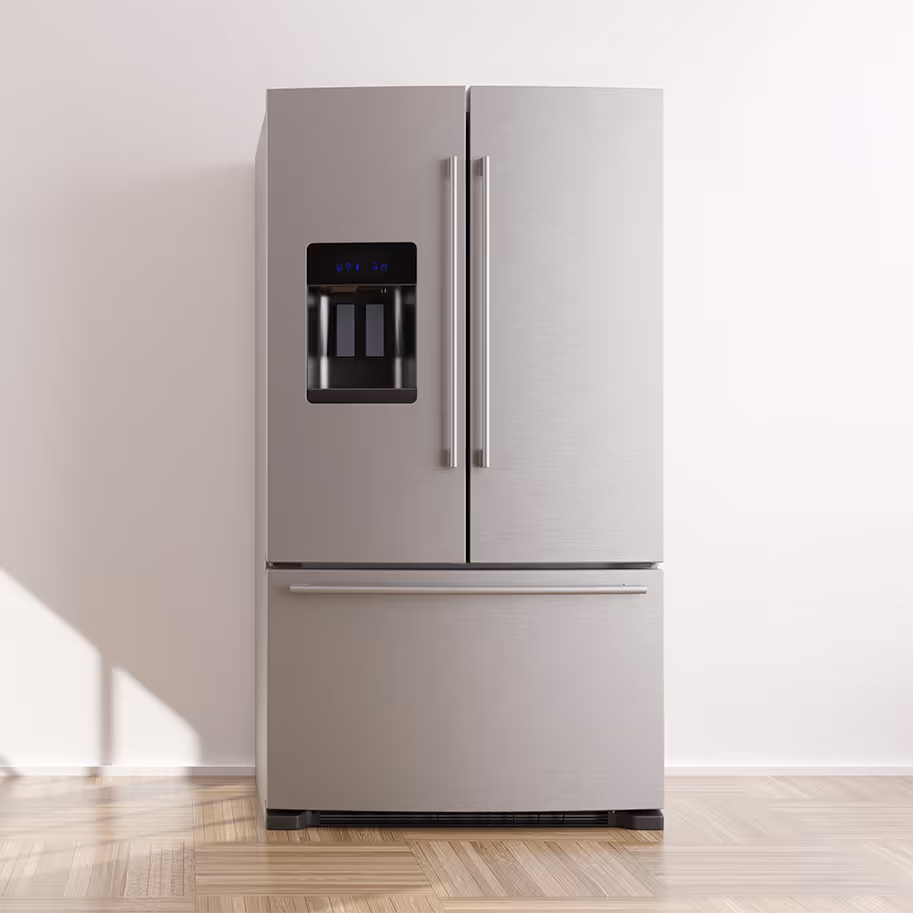 Stainless steel French door refrigerator with water and ice dispenser, representing D&D's refrigerator repair and freezer repair service