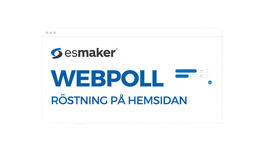 Webbsida med texten "esmaker WEBPOLL RÖSTNING PÅ HEMSIDAN". Blå och vit färgdominerar med stapeldiagram till höger.