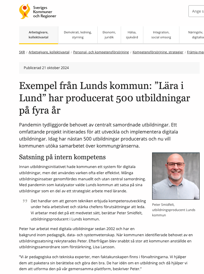 Artikel från SKR lunds kommun arbete med digitala utbildningar