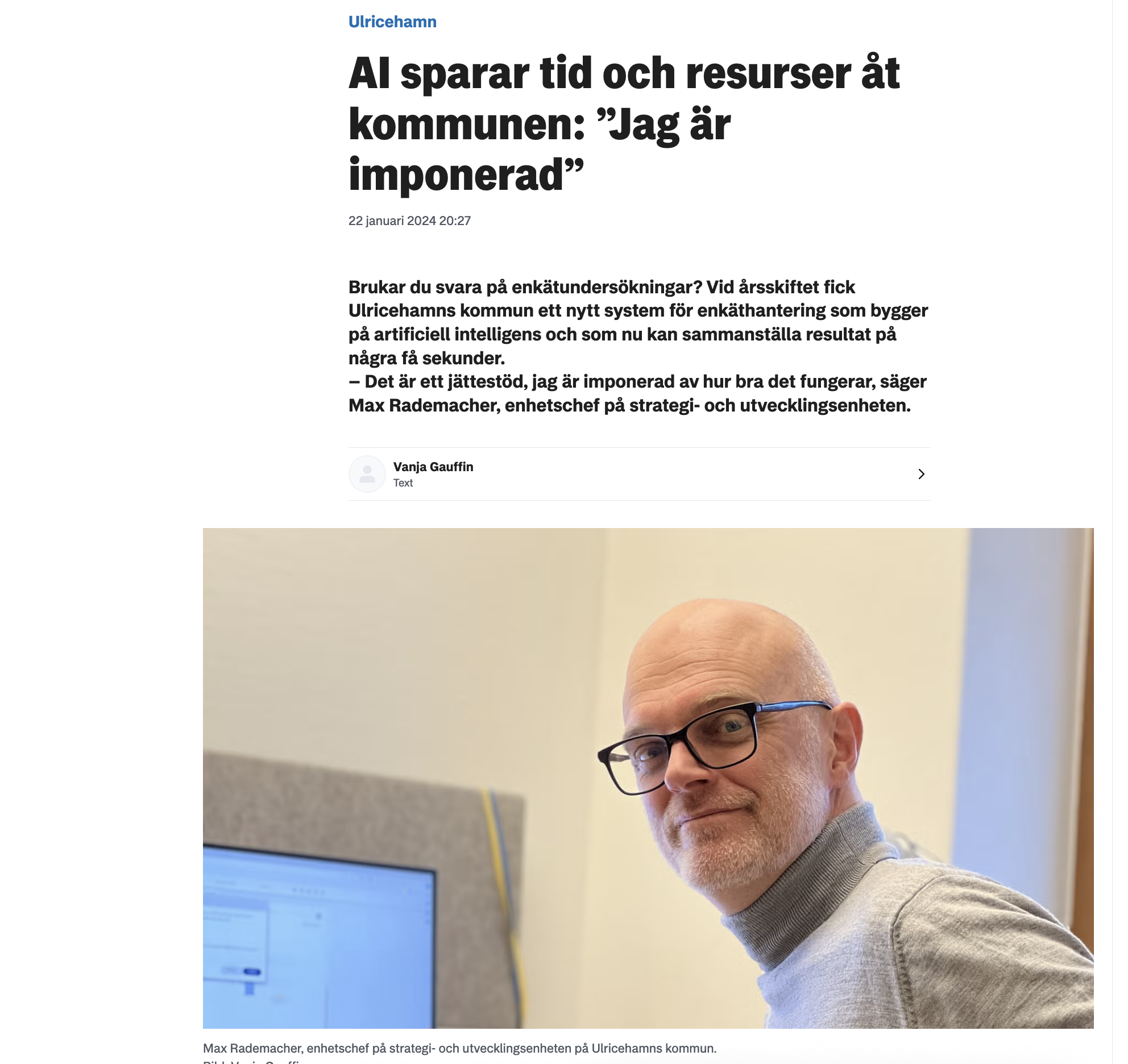 Skarmbild: artikeln AI sparar tid och resurser at kommunen med foto av Max Rademacher.