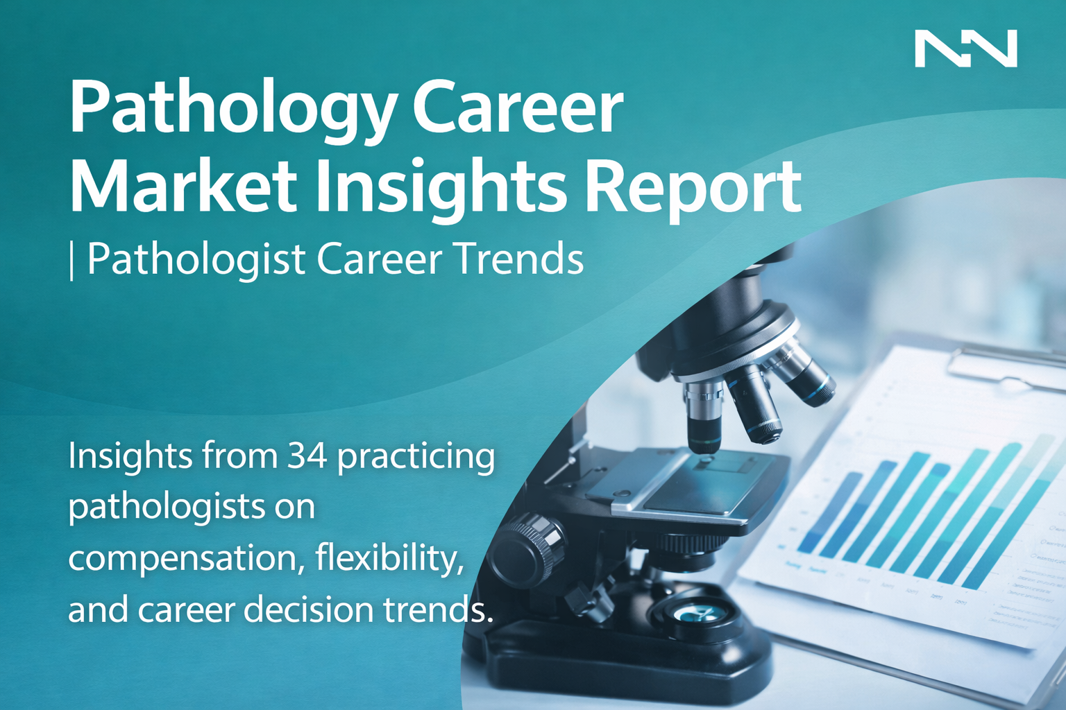 Cover of Pathology Career Market Insights Report with a microscope and a clipboard showing a bar graph, highlighting career trends from 34 practicing pathologists.