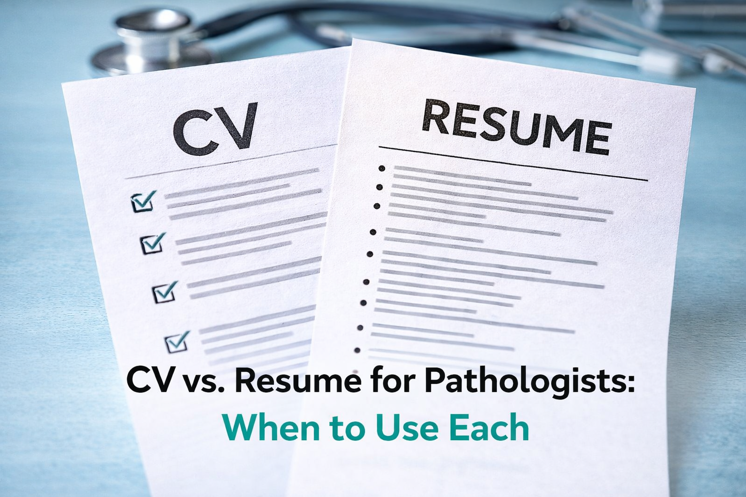 Two documents titled CV and Resume with check marks and bullet points, with text 'CV vs. Resume for Pathologists: When to Use Each' below.