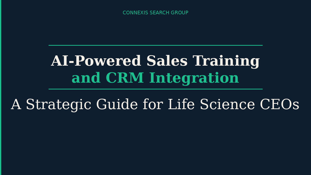 Cover page of a research paper titled 'AI-Powered Sales Training and CRM Integration' offering a strategic guide for life science CEOs, dated April 2026.