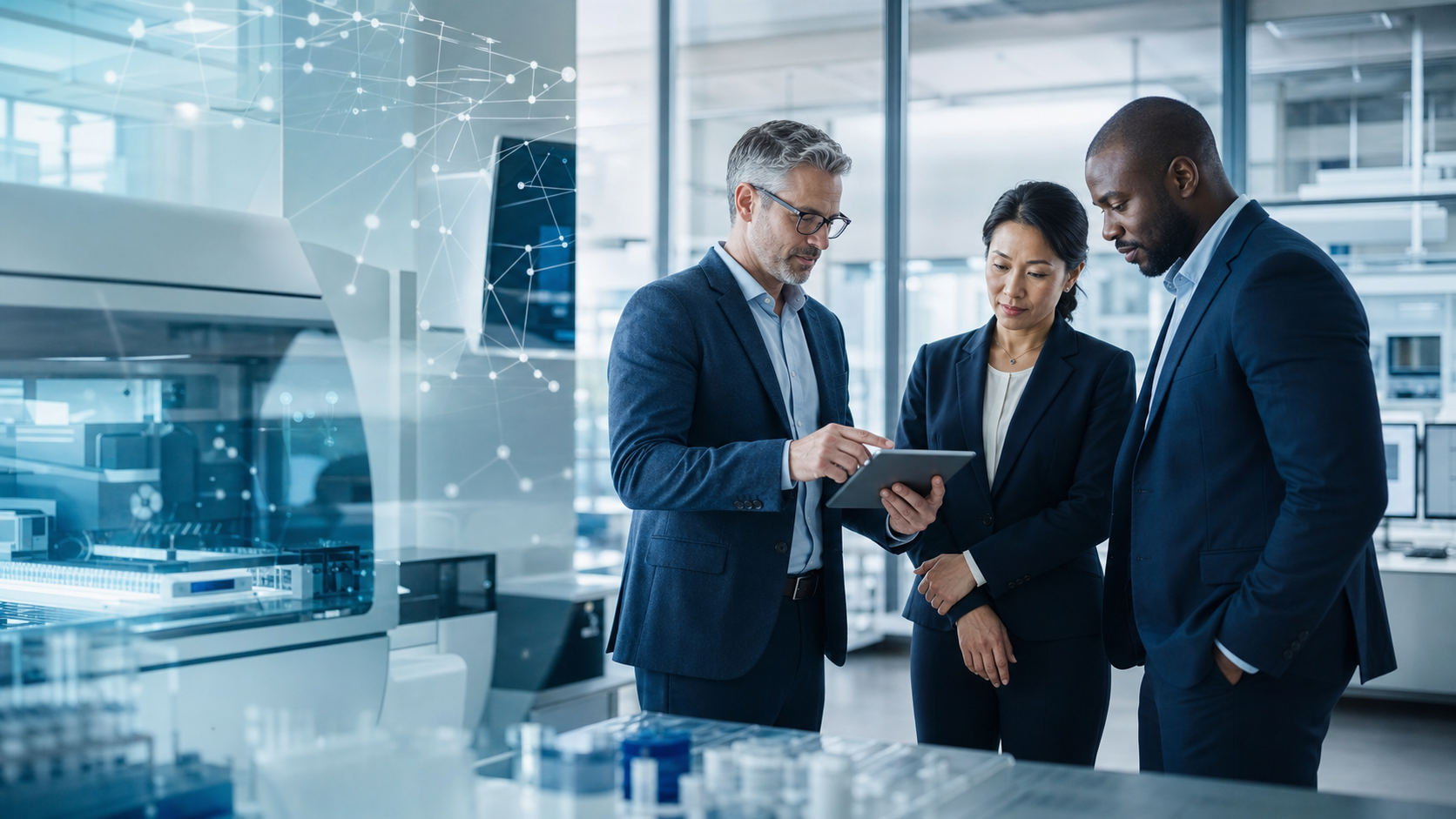 AI and life-sciences executives collaborating beside diagnostic laboratory technology