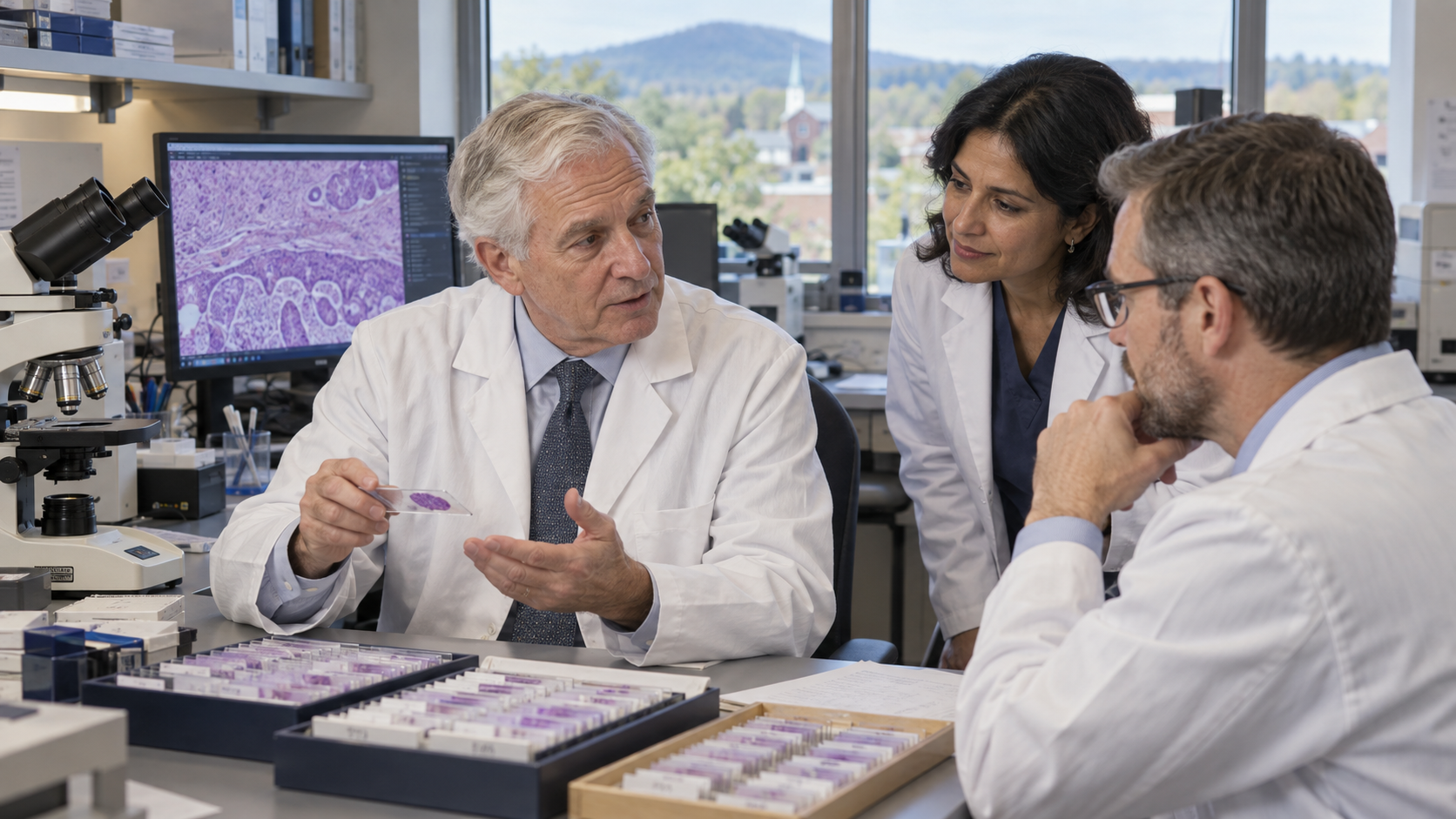 Senior pathologist discussing cases with colleagues