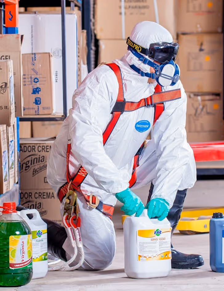 Person in full protective suit, gloves, and respirator mask handling large chemical containers in a warehouse setting.