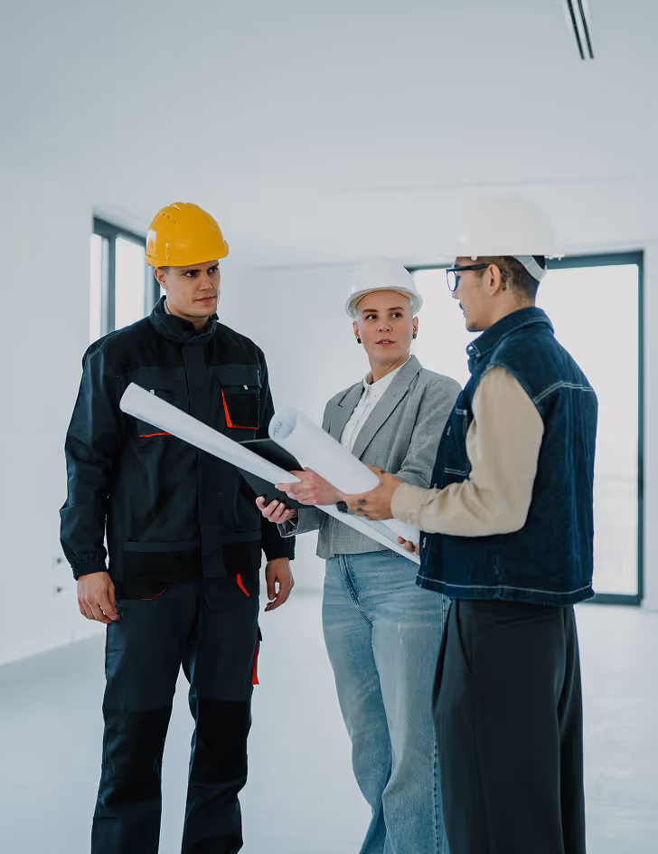 Three construction professionals wearing hard hats reviewing blueprints in an empty room with large windows.
