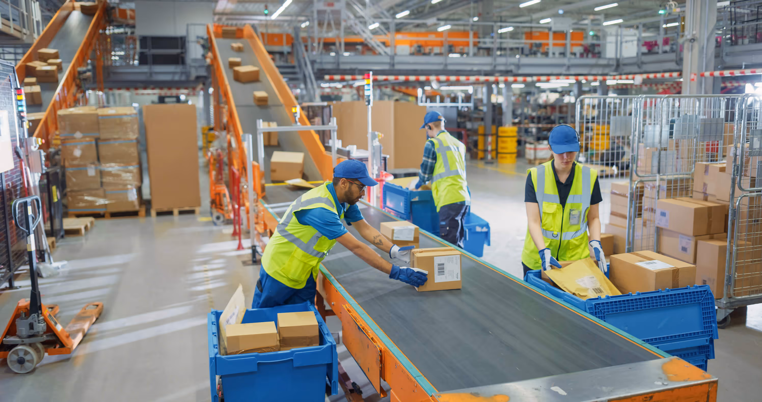 Workers in safety vests and blue caps sorting packages on a conveyor belt in a warehouse.