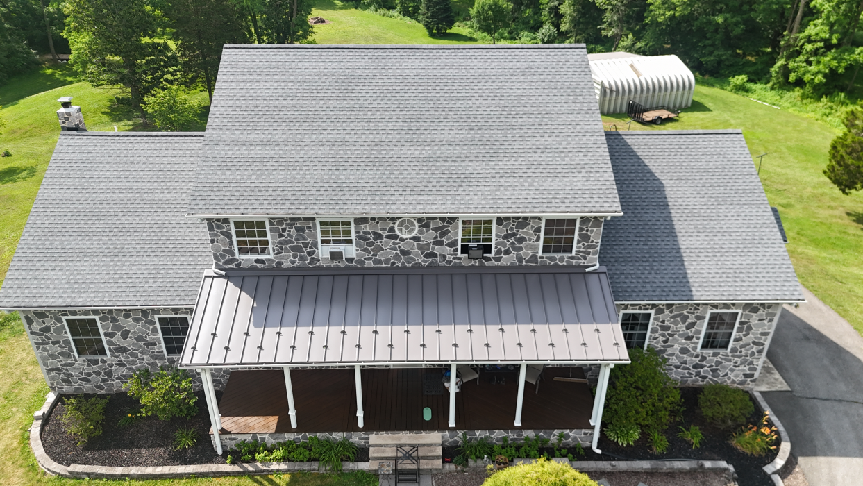 GAF Oyster Gray Shingles with Standing Seam Metal Porch Roofs