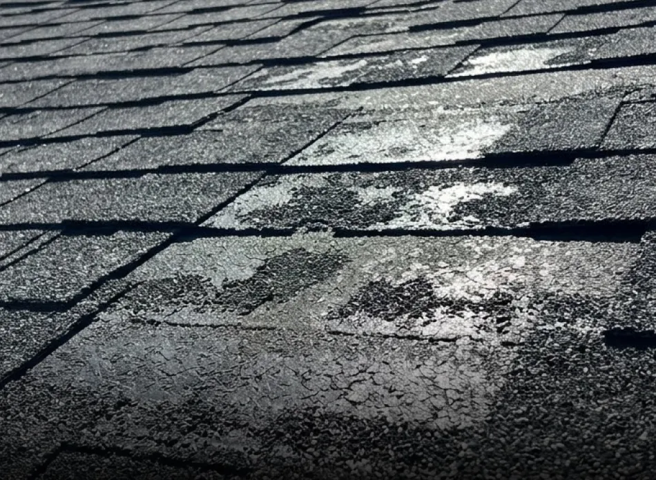 Close-up of asphalt roof shingles showing areas of granule loss and surface wear.