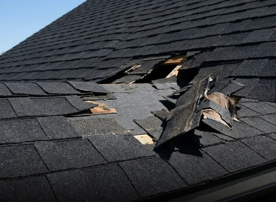 Close-up of a dark shingle roof with a large damaged section where shingles are torn and wood underneath is exposed.
