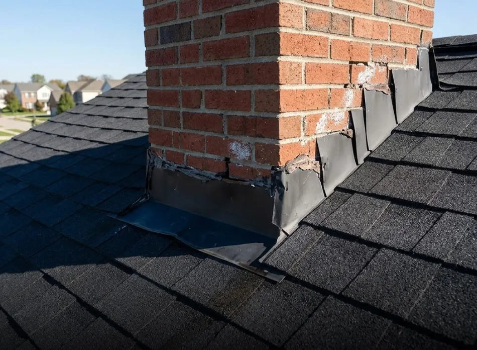 Close-up of a brick chimney with metal flashing on a roof with black shingles showing wear and cracks in the chimney mortar.