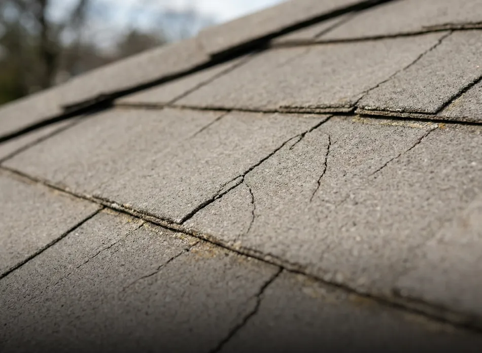 Close-up of cracked and weathered asphalt roof shingles.