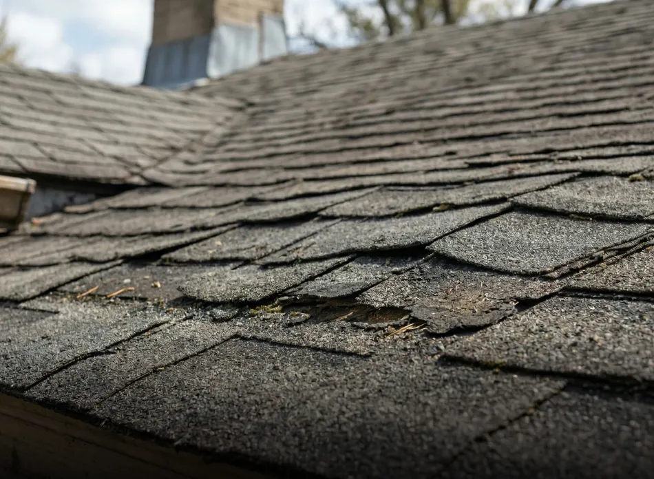 Close-up of damaged, curled, and missing asphalt shingles on a roof under daylight.