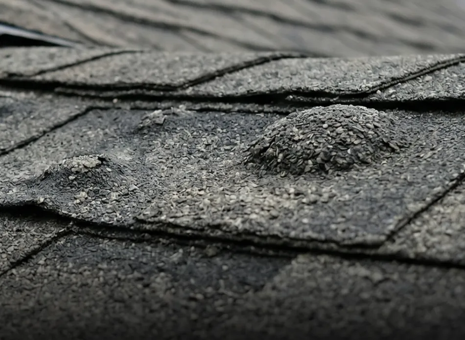 Close-up of damaged asphalt roof shingles with bulges and loose granules.