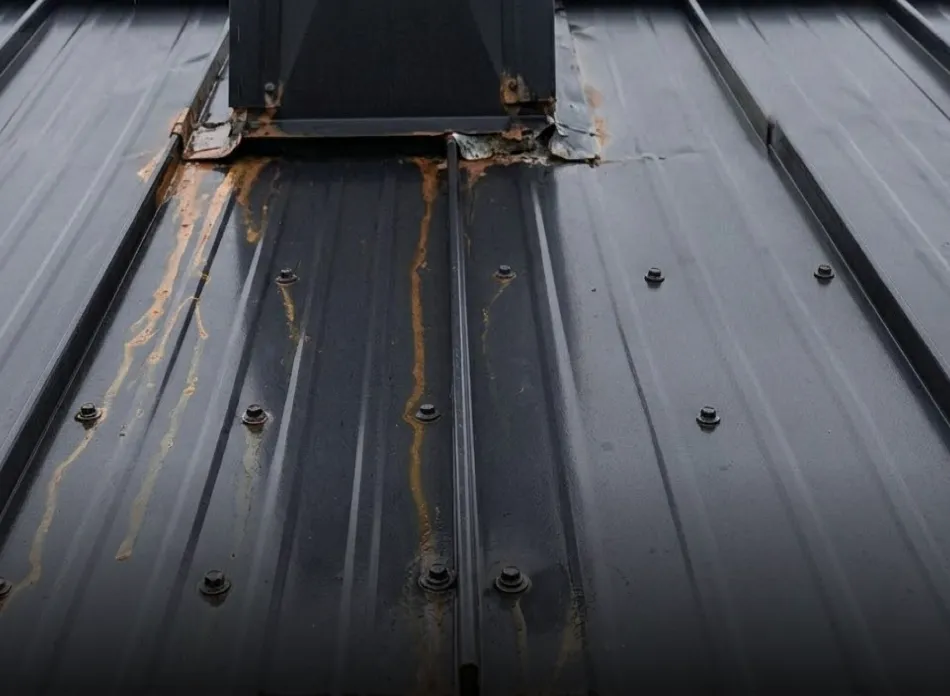 Close-up of a metal roof with rust stains around a vent structure.