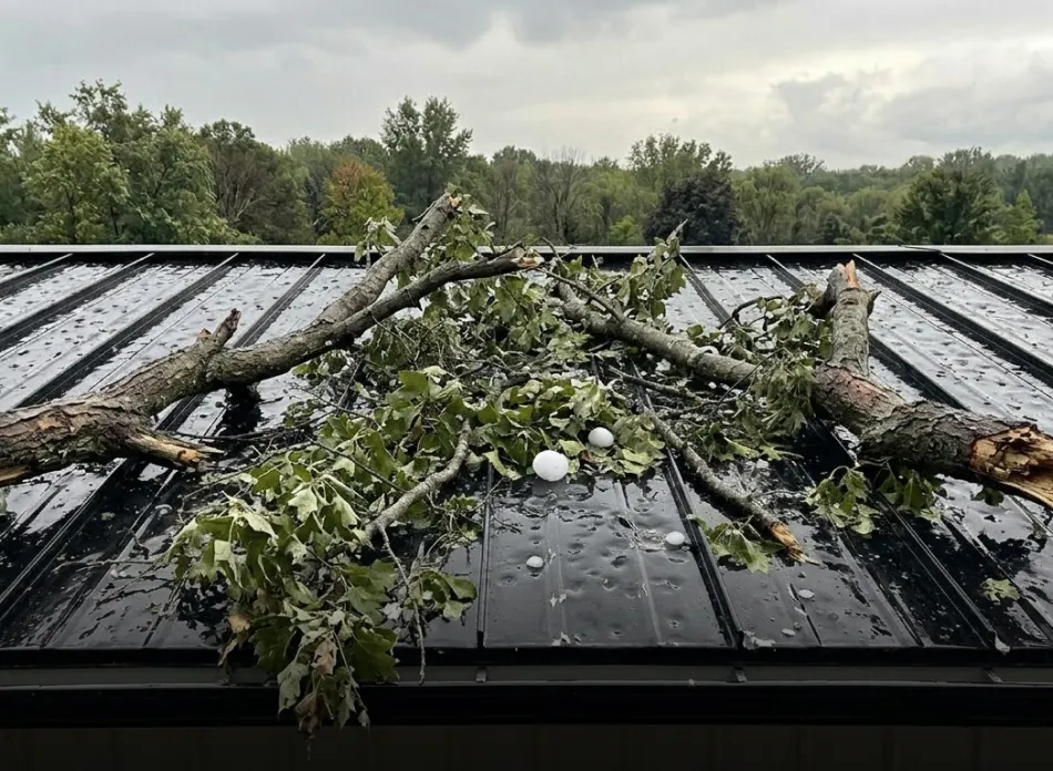 Broken tree branches with green leaves lying on a wet black metal roof with hailstones scattered around.